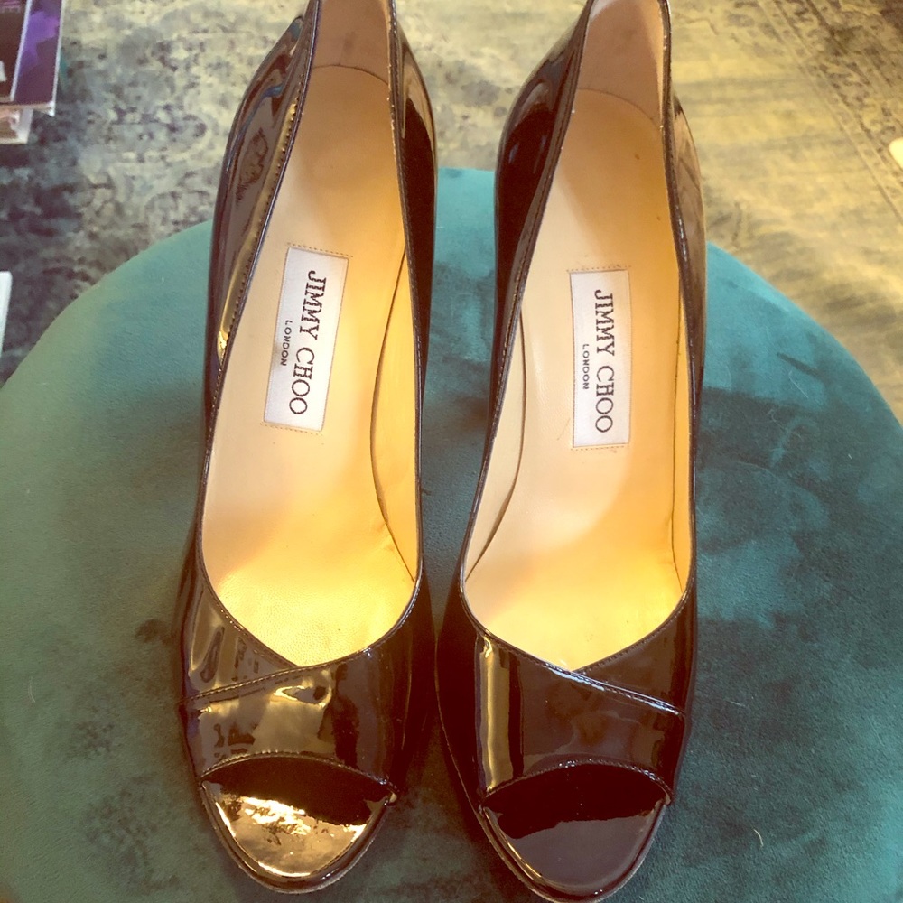 Jimmy Choo Patent Leather Peep Toe Pumps